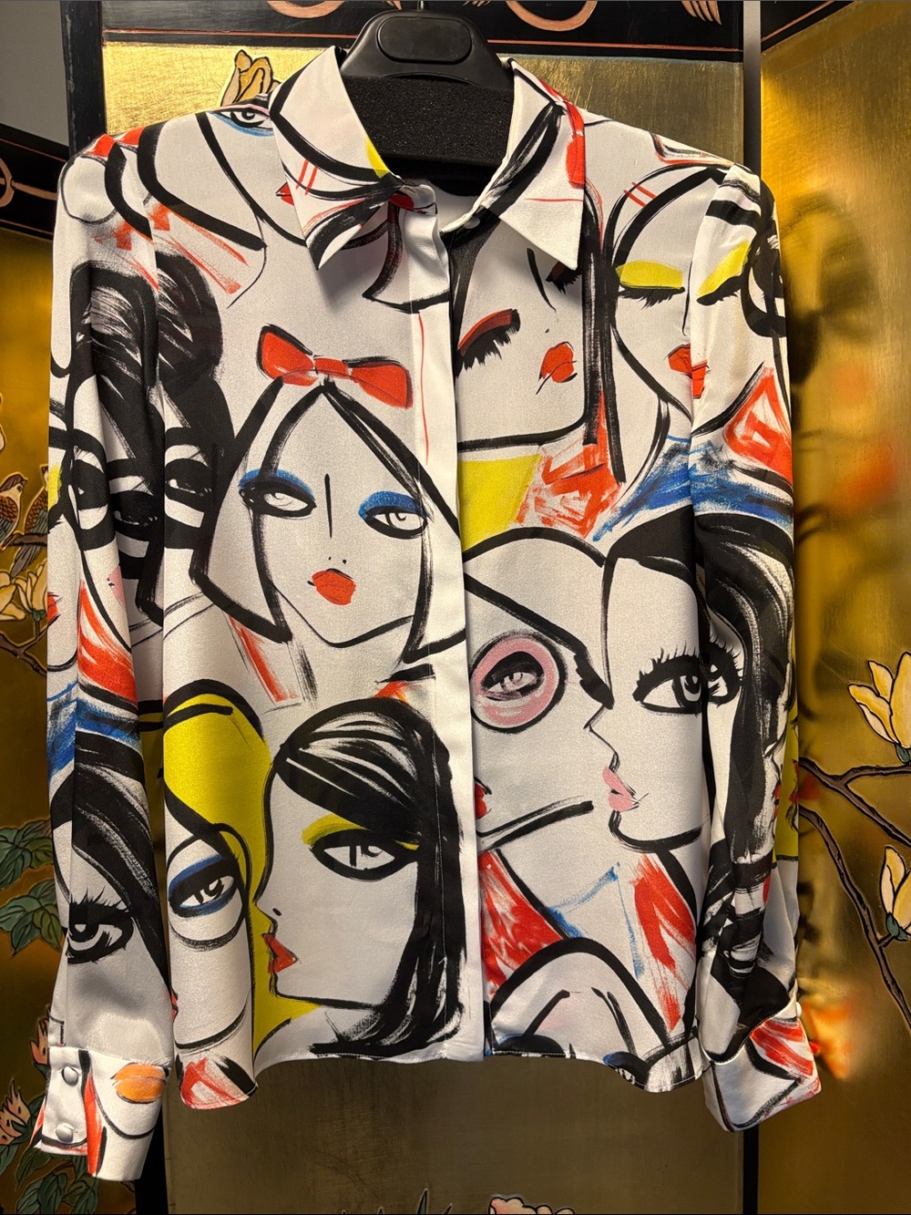 Alice + Olivia White Button-Down Blouse with Multicolor Illustrated Faces